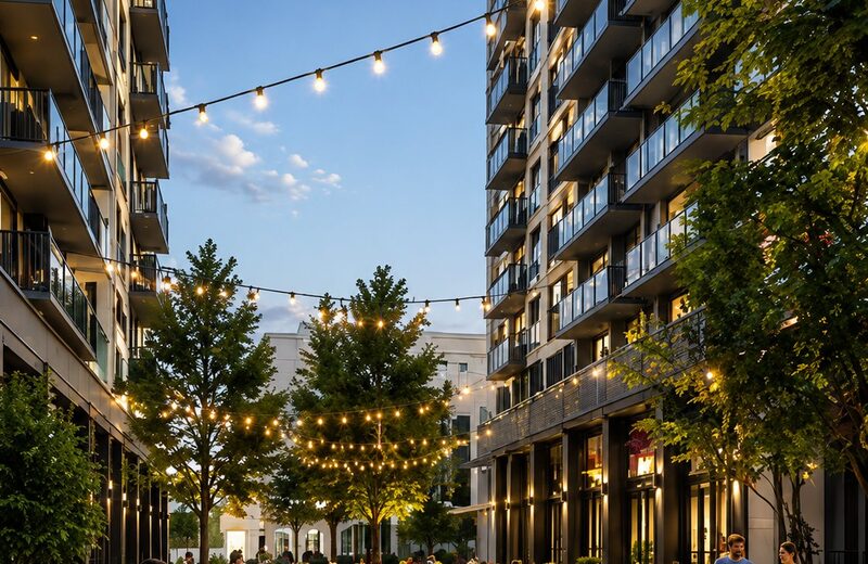 Outdoor social terrace under string lights at dusk