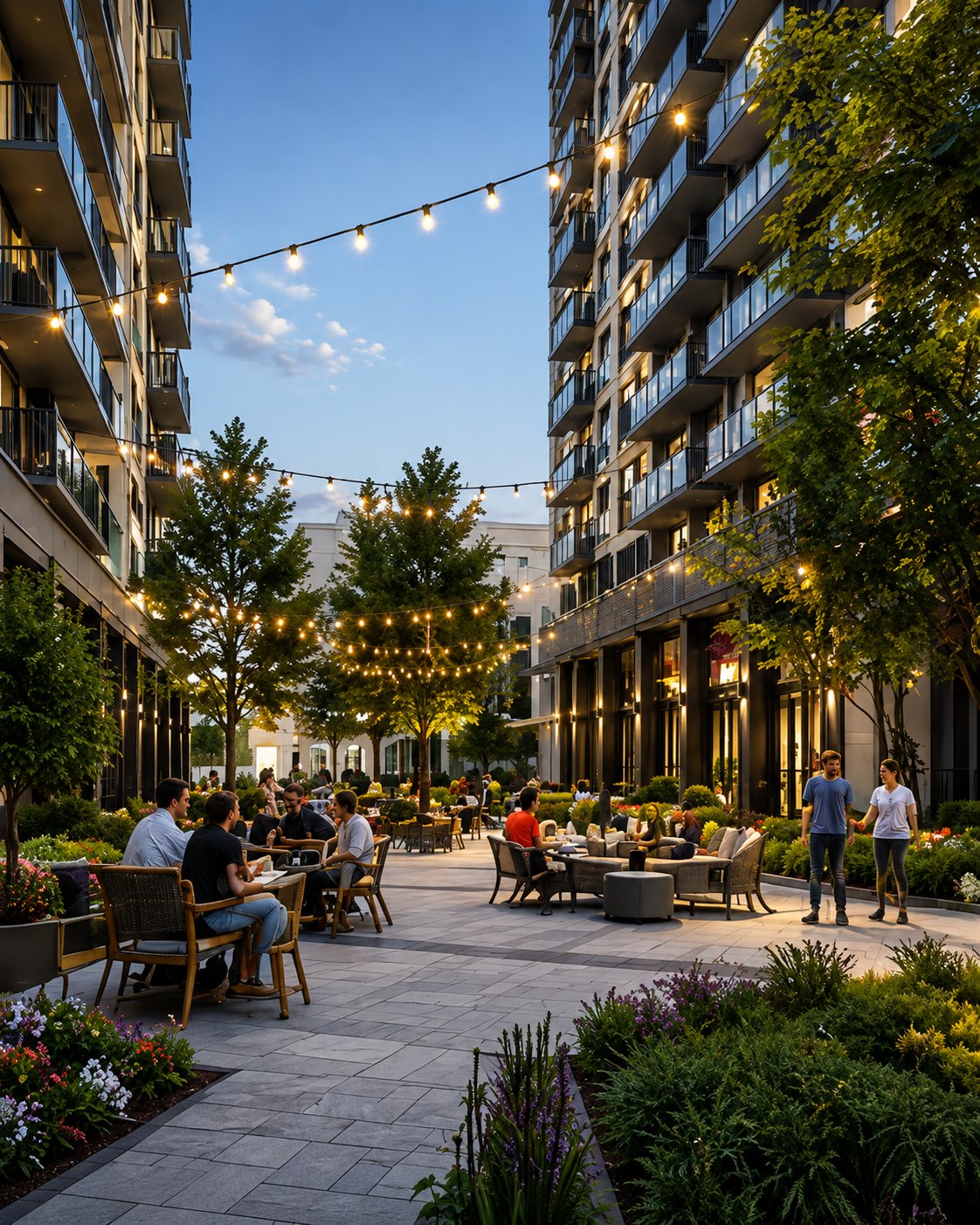 Courtyard under string lights at dusk