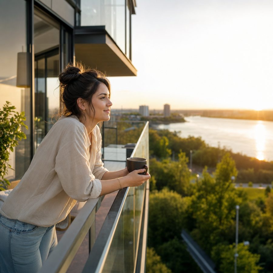 Resident enjoying coffee on a balcony overlooking the river at golden hour