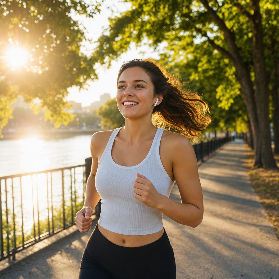 Jogger on a riverside path at golden hour